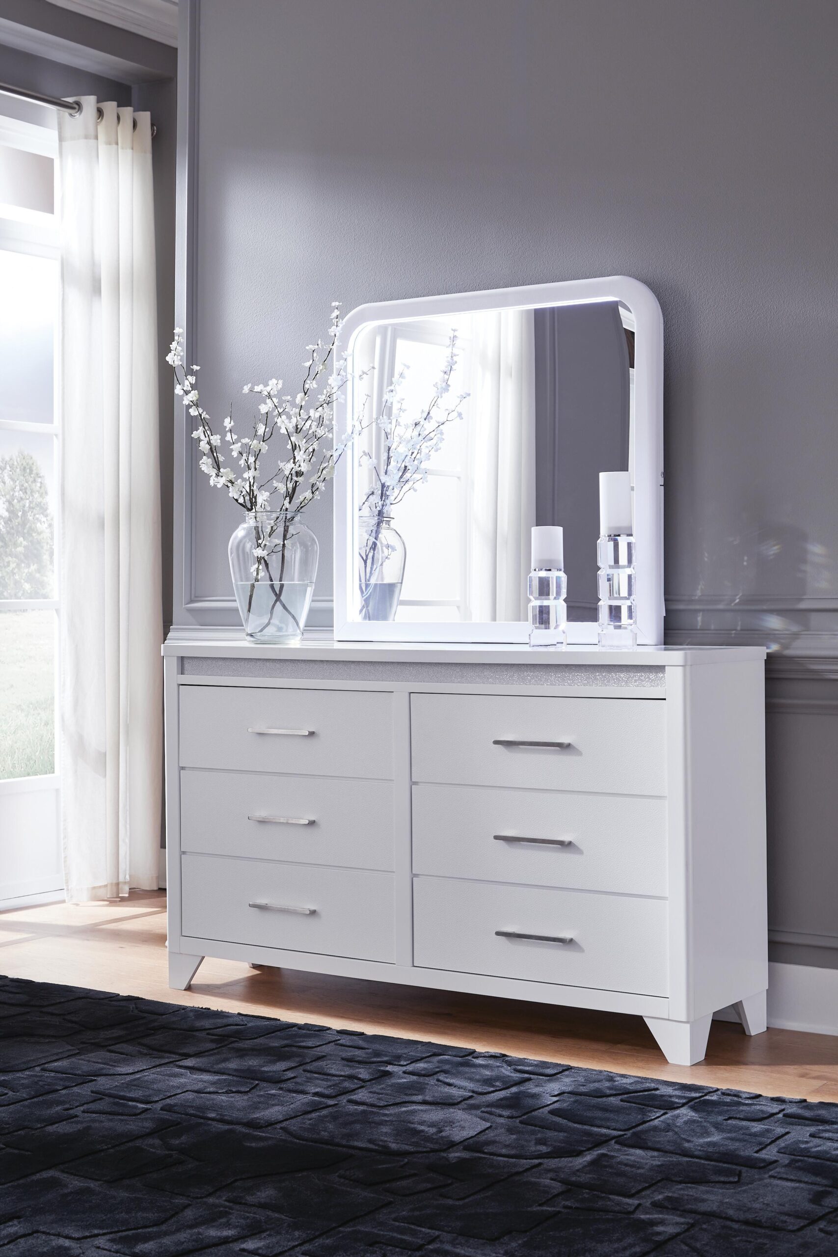 Jarlee Queen Upholstered Panel Bed, Dresser and Mirror - Image 4