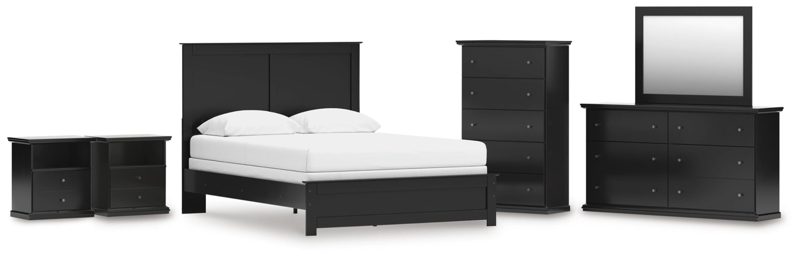 Maribel Queen Panel Bed, Dresser, Mirror, Chest and 2 Nightstands