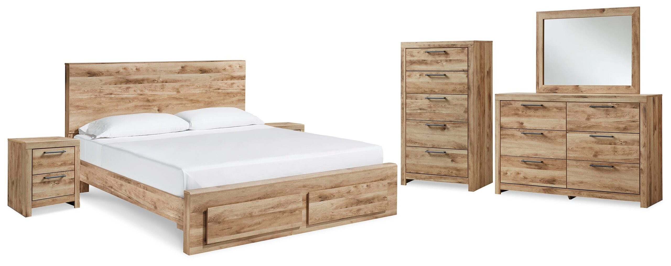 Hyanna Queen Panel Storage Bed, Dresser, Mirror, Chest and 2 Nightstands