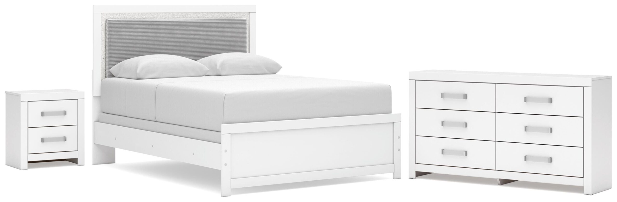 Maeling Queen Upholstered Panel Bed, Dresser and Nightstand