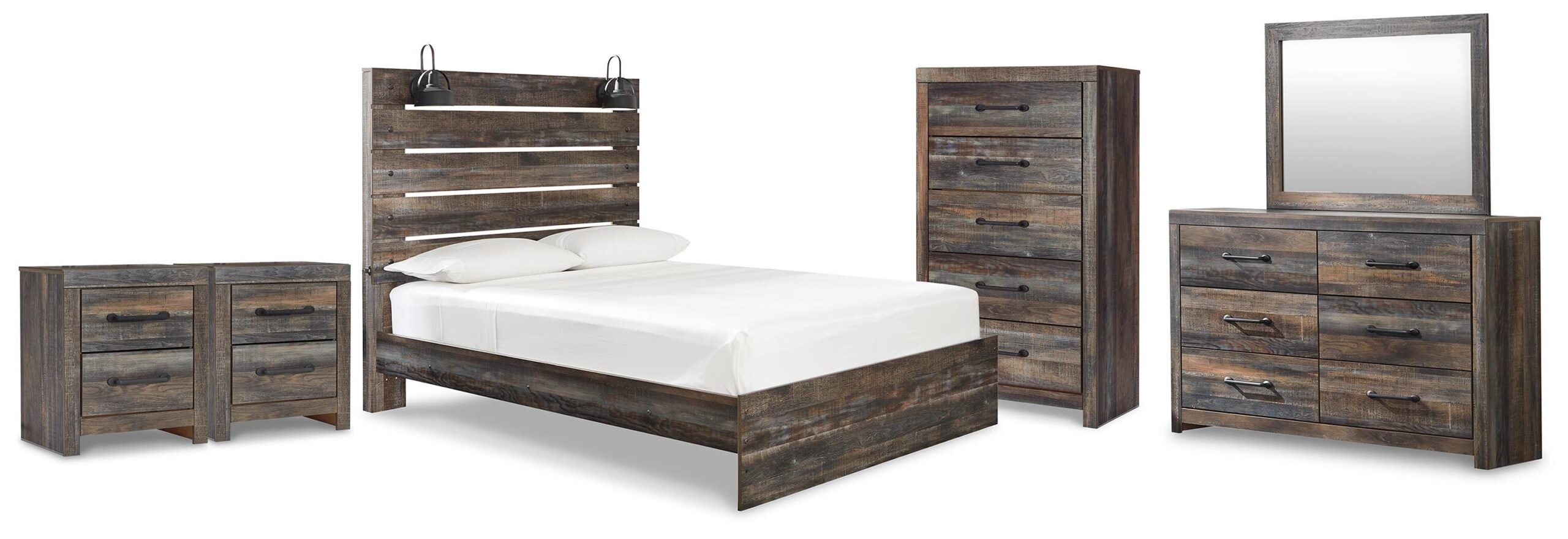 Drystan Queen Panel Bed, Dresser, Mirror, Chest and 2 Nightstands