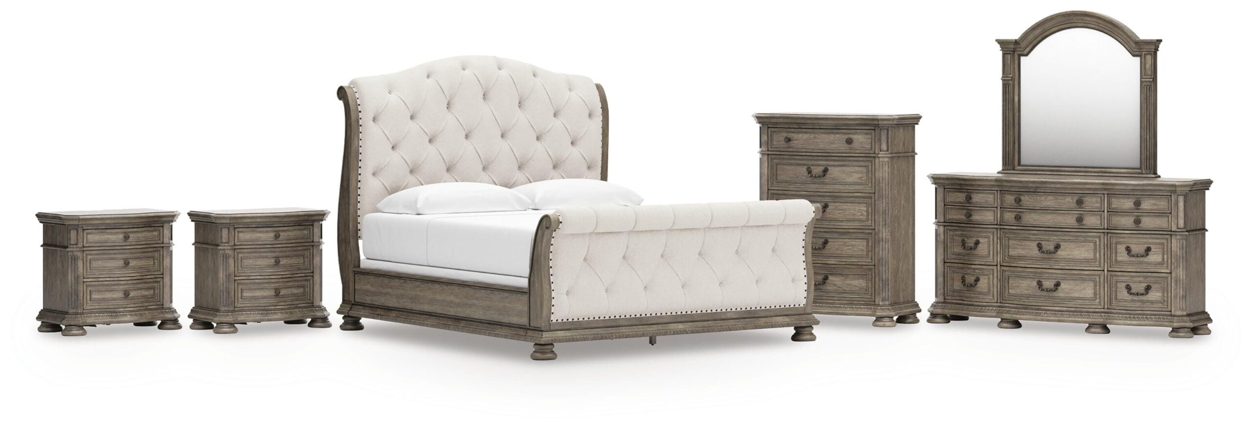 Ardenfield King Upholstered Sleigh Bed, Dresser, Mirror, Chest and 2 Nightstands