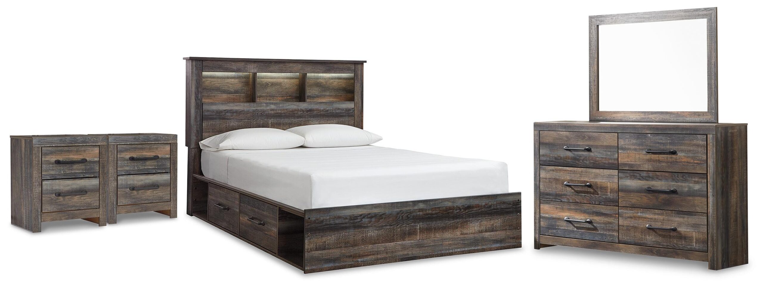 Drystan Queen Bookcase Storage Bed, Dresser, Mirror and 2 Nightstands