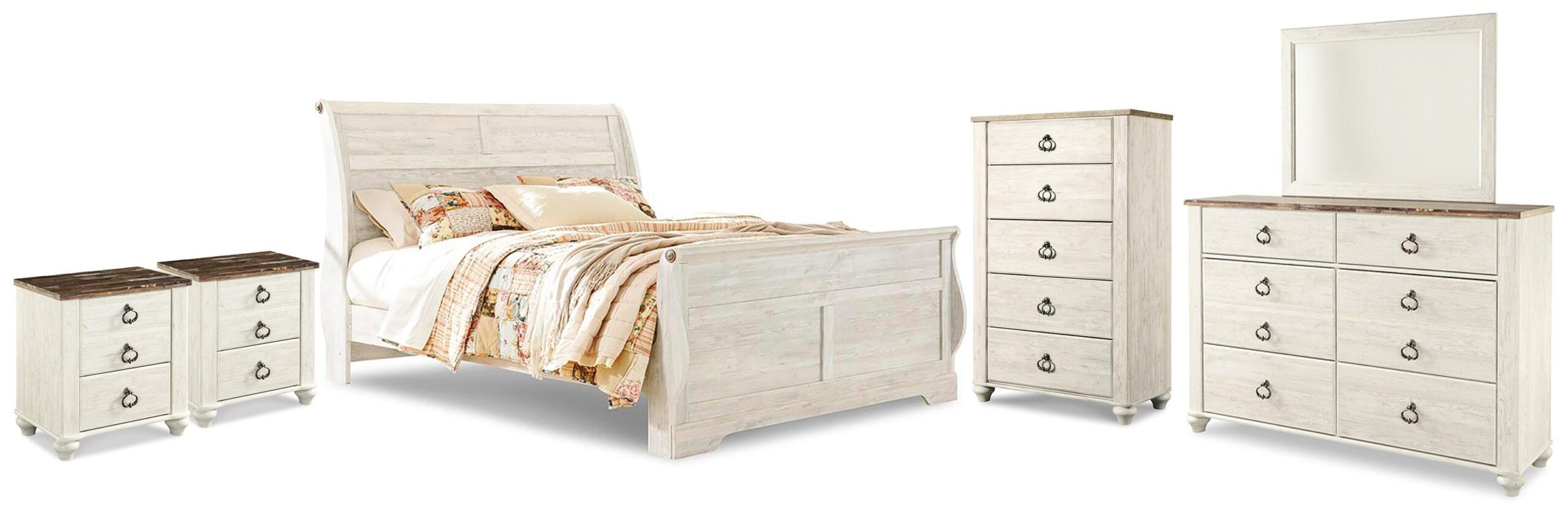 Willowton King Sleigh Bed, Dresser, Mirror, Chest and 2 Nightstands