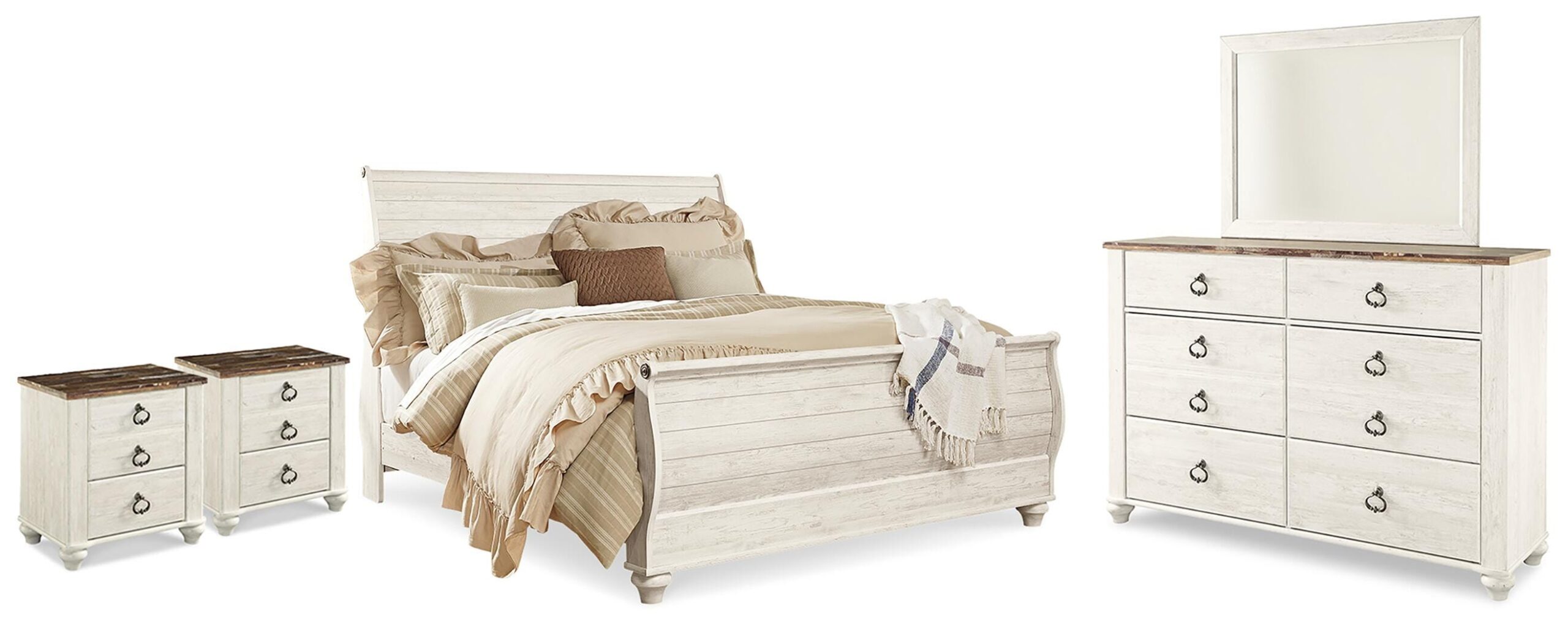Willowton King Sleigh Bed, Dresser, Mirror and 2 Nightstands