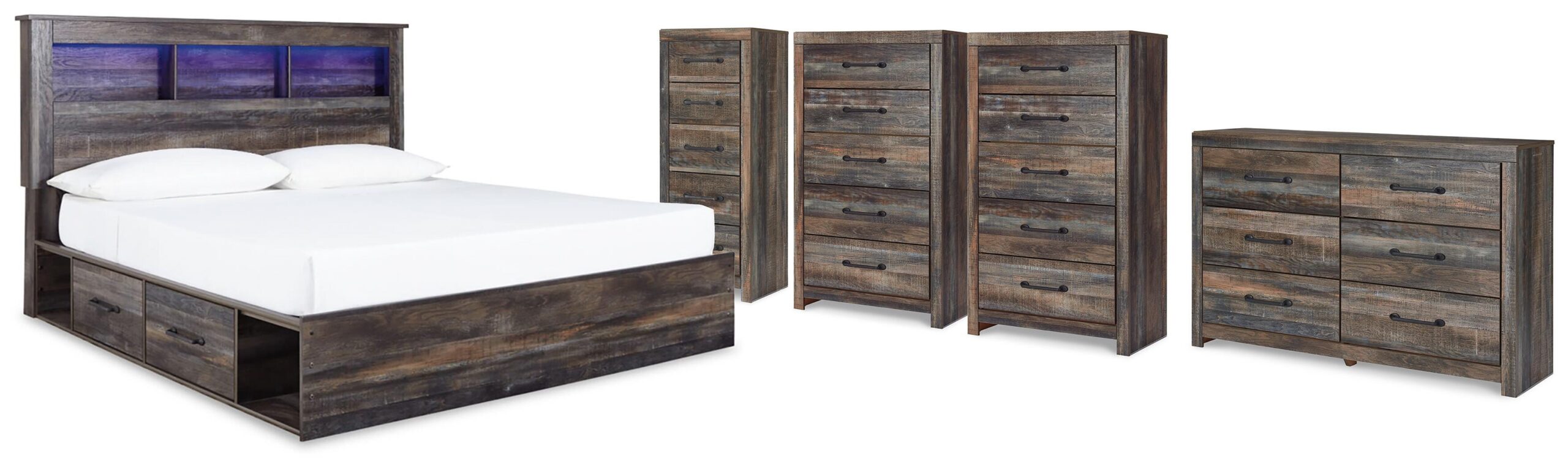 Drystan King Bookcase Storage Bed, Dresser, 2 Chests and Narrow Chest